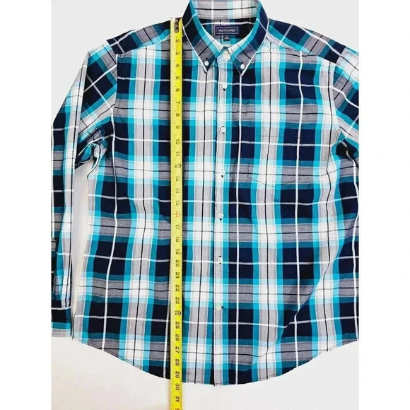 Mason James Size Large Men's White Aqua Gray Blue Check Button Down Pocket Shirt - Picture 9 of 10
